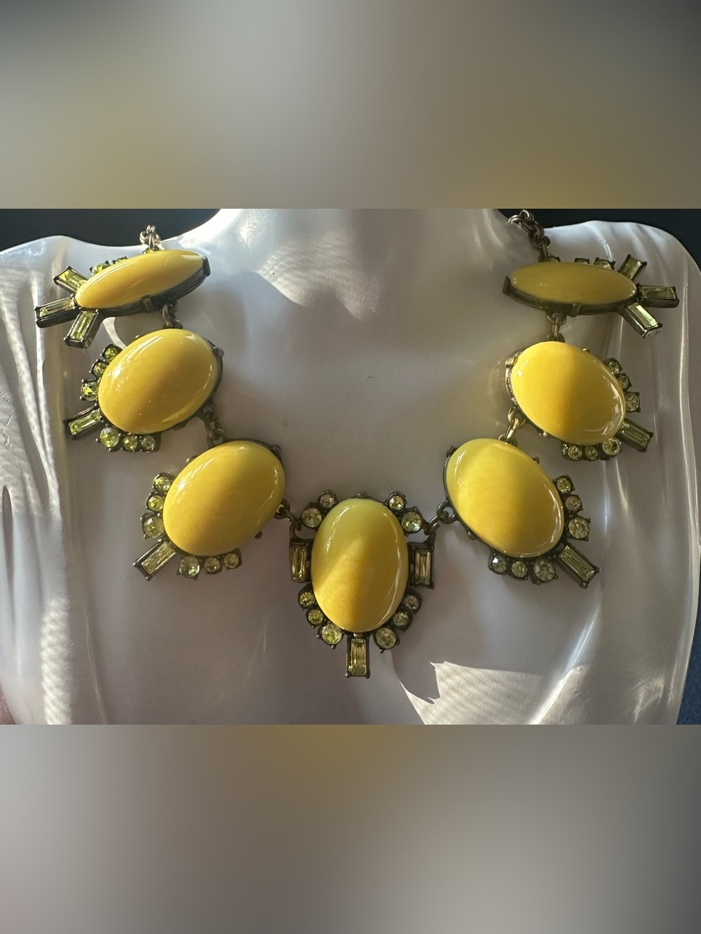 J. CREW Yellow Oval Stone & Rhinestone Chandelier Bright Sun Gold Necklace.